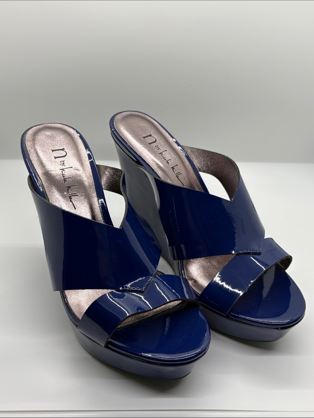 Nicole Miller Blue Patent Crossover Slide Heels